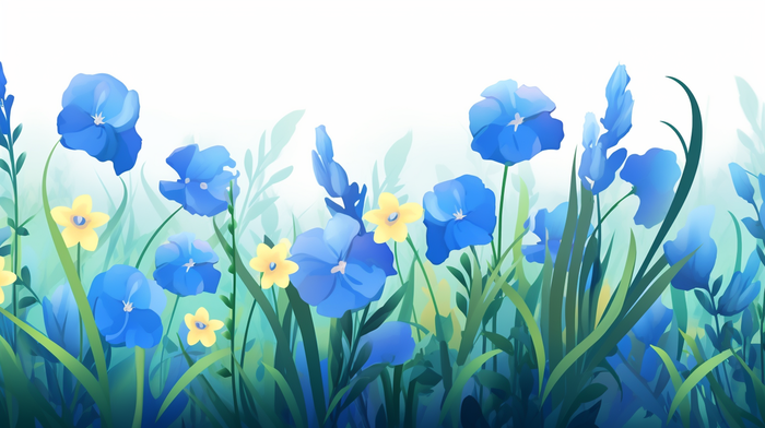 蓝色小花绿叶植物花丛草丛卡通插画素材