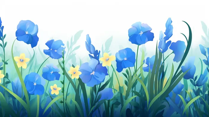 蓝色小花绿叶植物花丛草丛卡通插画素材(x)