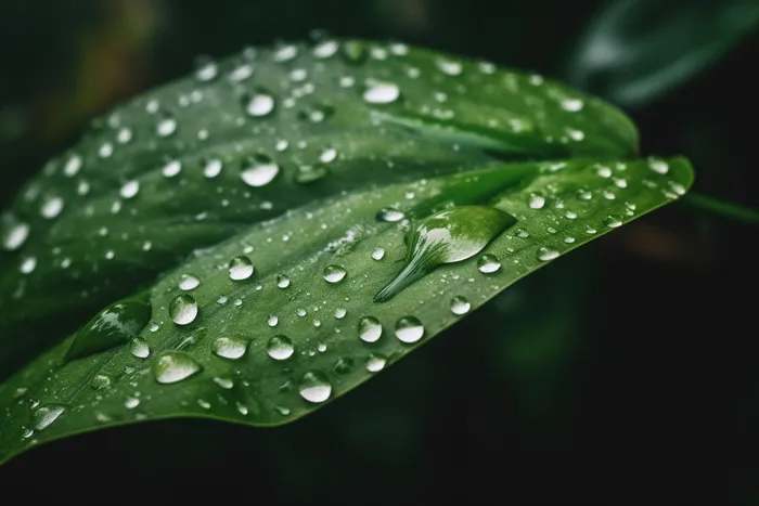 一张上面有水滴的照片，上面有绿叶摄影图桌面壁纸(5376x3584)
