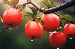 大雨中的苹果果树摄影图