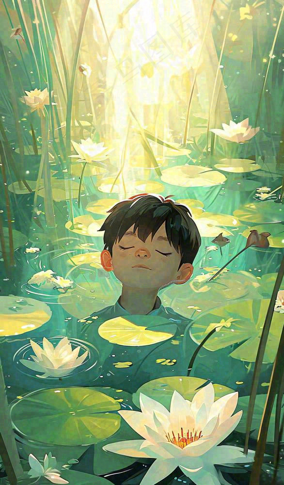 夏日温暖阳光墨绿荷花池荷叶，睡眠男孩