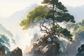 黄山迎客松风景水彩松树风光墨绿色插画