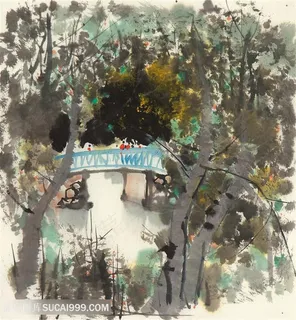 吴冠中水墨树林湖畔美景装饰画 吴冠中水墨树林湖畔美景装饰画