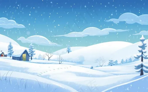 冬天乡村雪地里的房子雪景白雪卡通插画背景