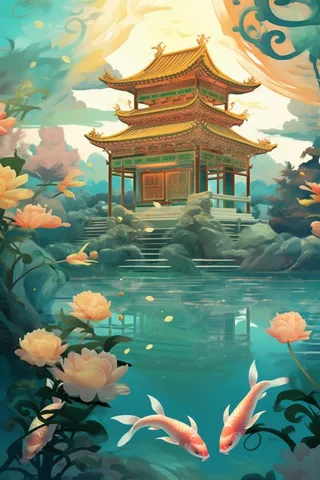 国潮夏天锦鲤唯美风景插画