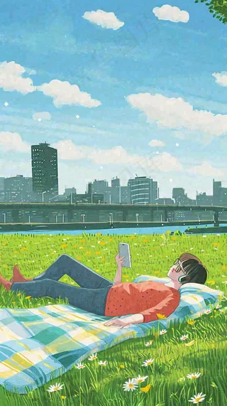 城市阳光蓝天白云人物在草地风景手绘插画，休闲