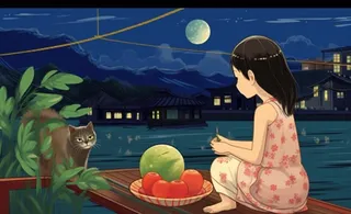 夜晚窗边赏月人物插画背景