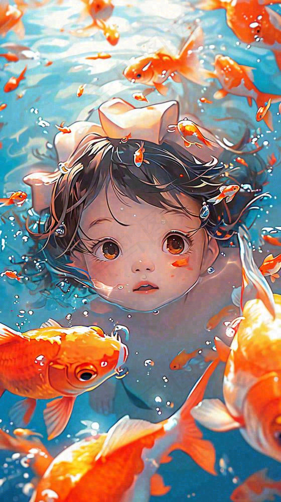 夏天泳池婴儿小孩游泳玩耍金鱼锦鲤，小暑大暑