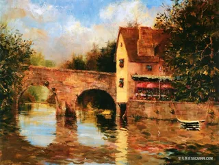 拱桥溪流风景画油画
