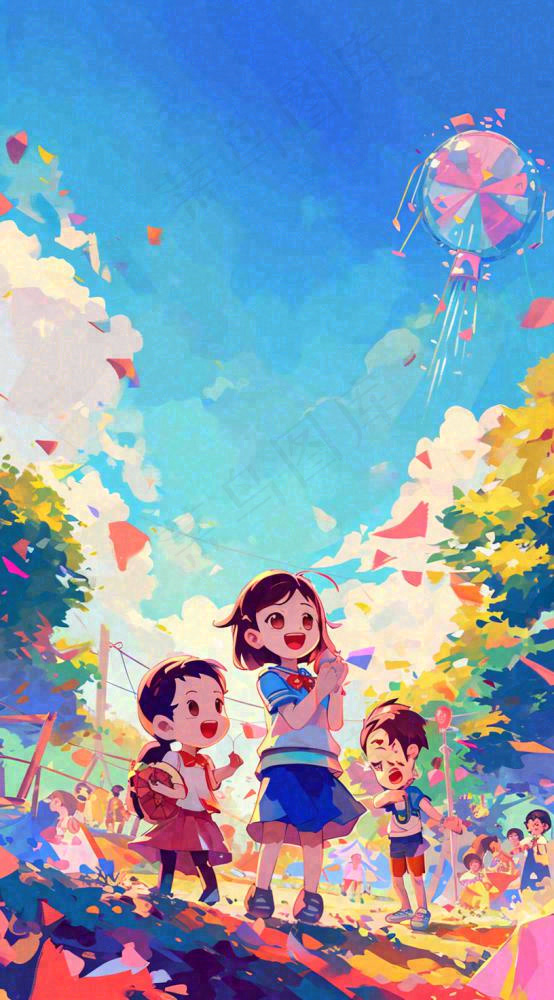 欢乐游乐场孩子游玩卡通插画手绘，儿童节童年(816x1472)