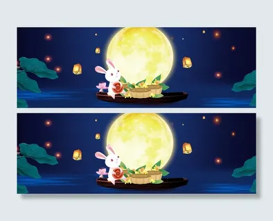 中秋节小白兔月饼蓝色背景