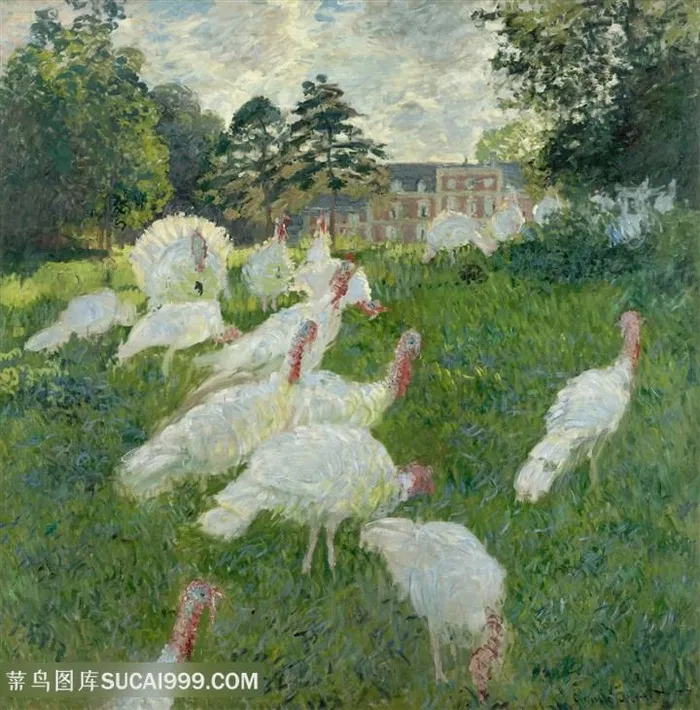 印象派莫奈草地与鸟风景油画图片