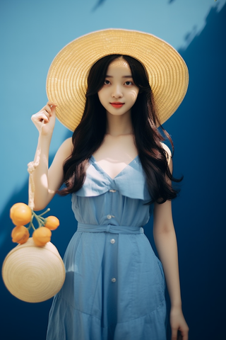 穿着蓝色吊带裙的女生戴着草帽在蓝色光影的背景里摄影图