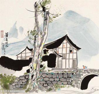 吴冠中手绘唯美水墨小桥流水人家风景画