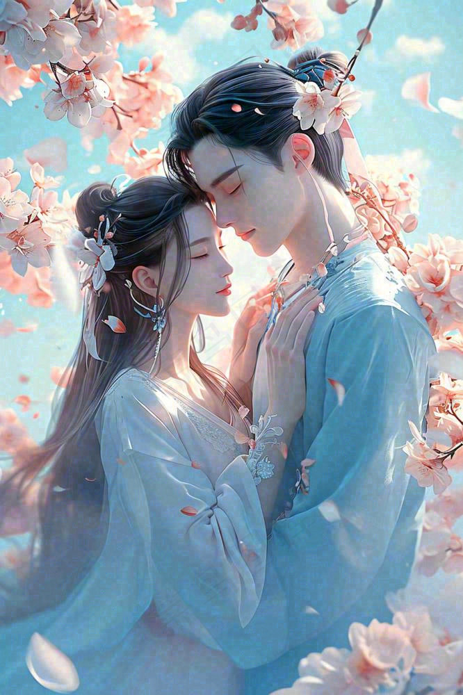 爱情情侣拥抱情人节浪漫粉色花朵，蓝天白云