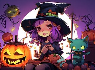 万圣节女巫鬼怪捣蛋南瓜灯恐怖紫色插画素材背景