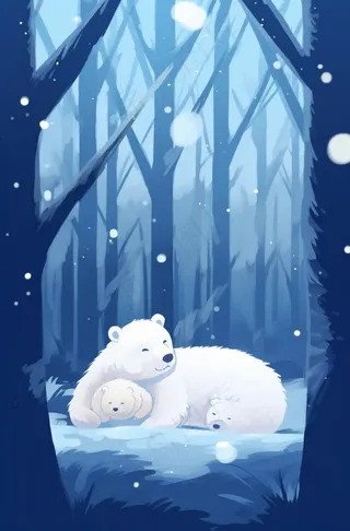 冬天白熊躺着雪地里森林卡通插画背景