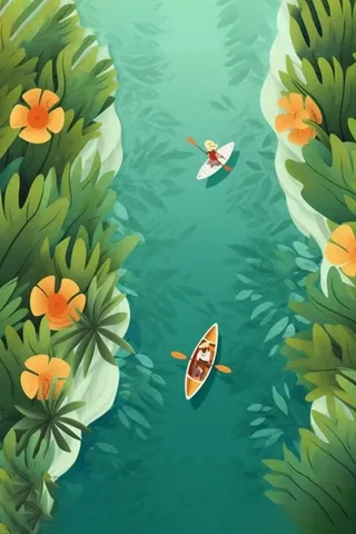 卡通插画湖面植物划船游湖背景