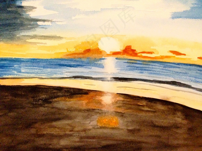 海滩日出风景画图片