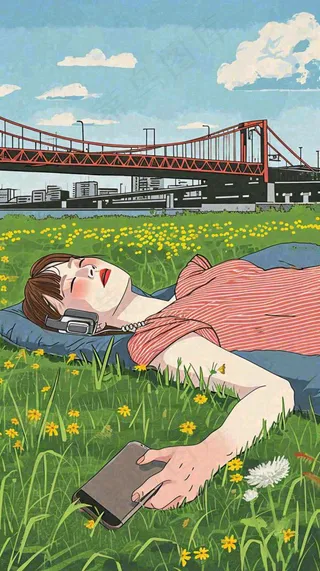 城市阳光蓝天白云人物在草地风景手绘插画，休闲