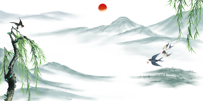 水墨画 柳树 飞鸟 中国风背景