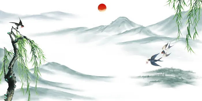 水墨画 柳树 飞鸟 中国风背景