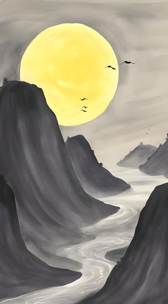 月亮月光山脉水墨简约背景(1989x3600)