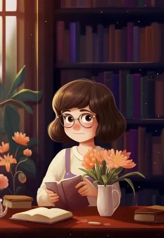 戴眼镜教师书籍鲜花暗黄色背景