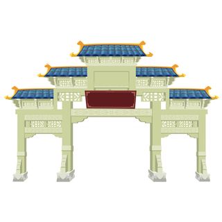 中国风复古式国潮门楼手绘城门插画牌楼建筑PSD素材png免扣图