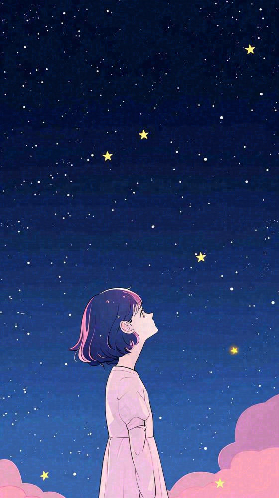 闪烁夜晚浪漫少女仰望星空粉紫色，银河月亮(816x1456)