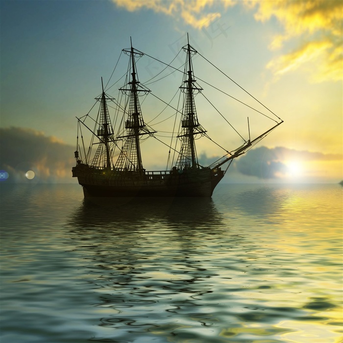 夕阳航海帆船摄影高清图片