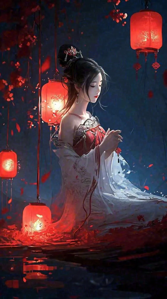 古风夜晚湖边少女灯笼意境水面(816x1456)