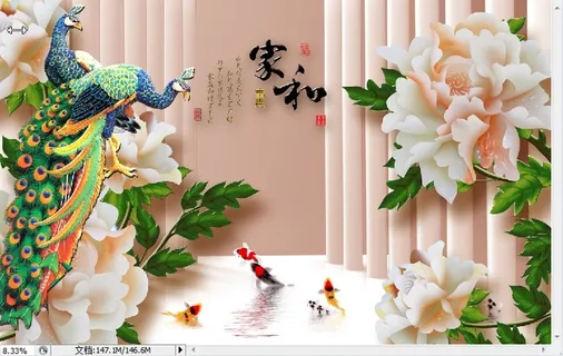 雕塑钻石孔雀牡丹花花卉背景墙 雕塑钻石孔雀牡丹花花卉背景墙