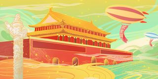 国庆节飞艇*中国风插画素材