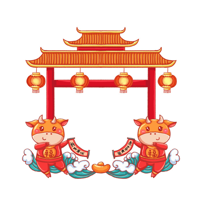 中国风复古式国潮门楼手绘城门插画牌楼建筑PSD素材png免扣图