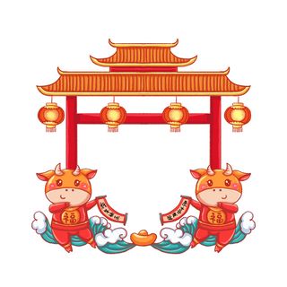 中国风复古式国潮门楼手绘城门插画牌楼建筑PSD素材png免扣图