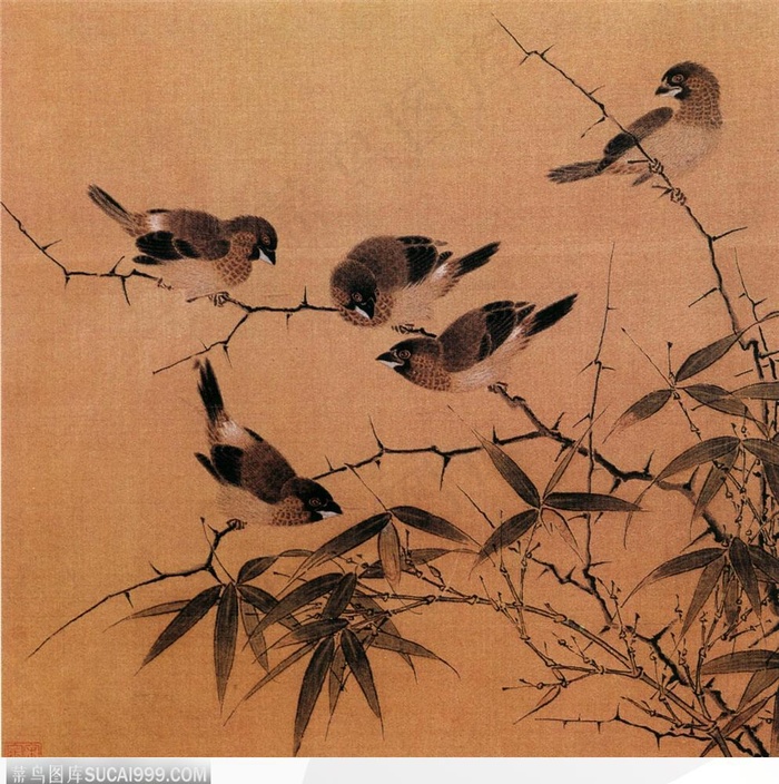 花鸟篇-竹旁寒枝上的麻雀