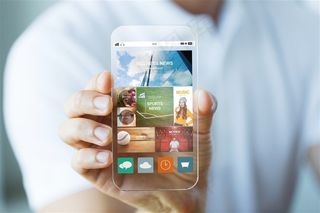 正在展示高科技手机的商务人士高清图片