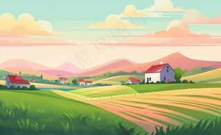 乡村村庄美丽风景河流插画农田插画背景