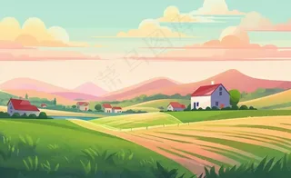 乡村村庄美丽风景河流插画农田插画背景