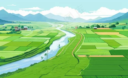 乡村村庄美丽风景河流插画农田插画背景
