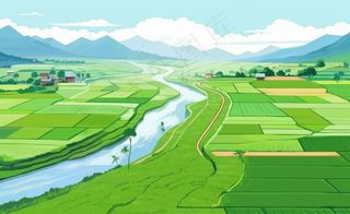 乡村村庄美丽风景河流插画农田插画背景