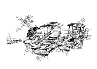 岸边停船线条矢量图