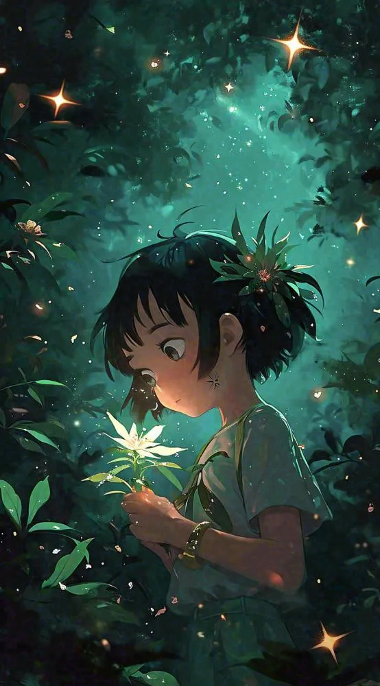 丛林里发着光的人，绿叶树林星光手绘插画(816x1472)