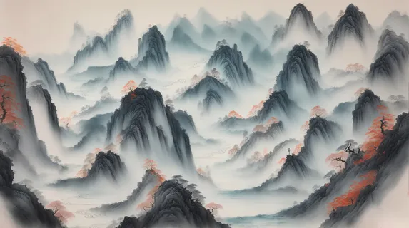 大气写意中国传统工笔画山水插画壁纸-群山之巅