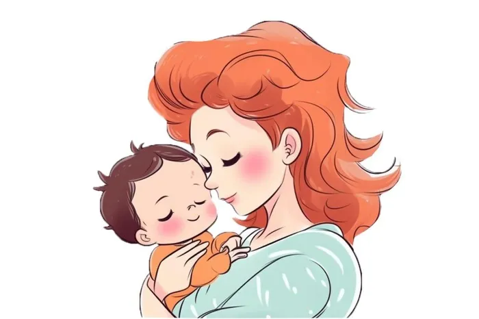 母亲妈妈抱着小孩手绘插画免抠(1344x896)