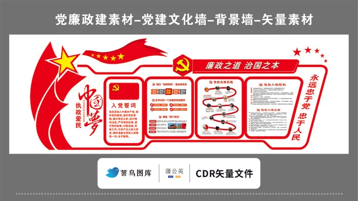 党建文化墙党建素材CDR预览图红色背景廉政之道治国之本中国梦忠于党cdr矢量模版下载