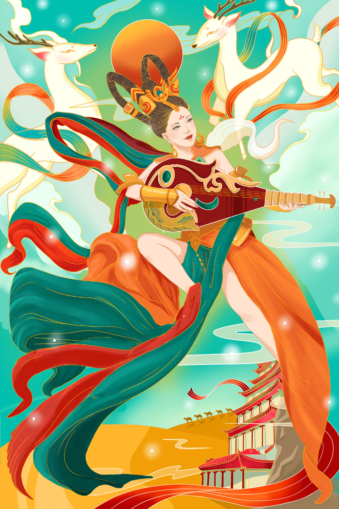 复古中国风国潮神话人物敦煌插画仙女手绘海报背景PSD设计素材psd模版下载