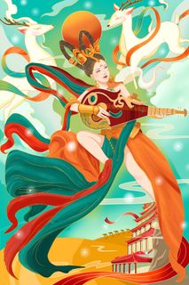 复古中国风国潮神话人物敦煌插画仙女手绘海报背景PSD设计素材