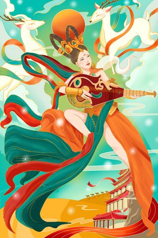 复古中国风国潮神话人物敦煌插画仙女手绘海报背景PSD设计素材